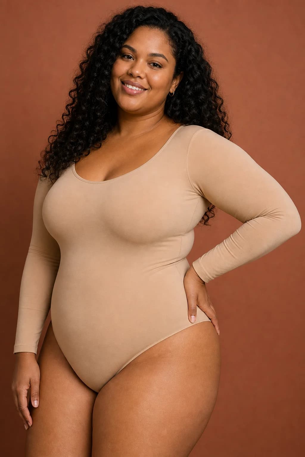 Plus size model wearing a WoWearShape shaping set in the studio