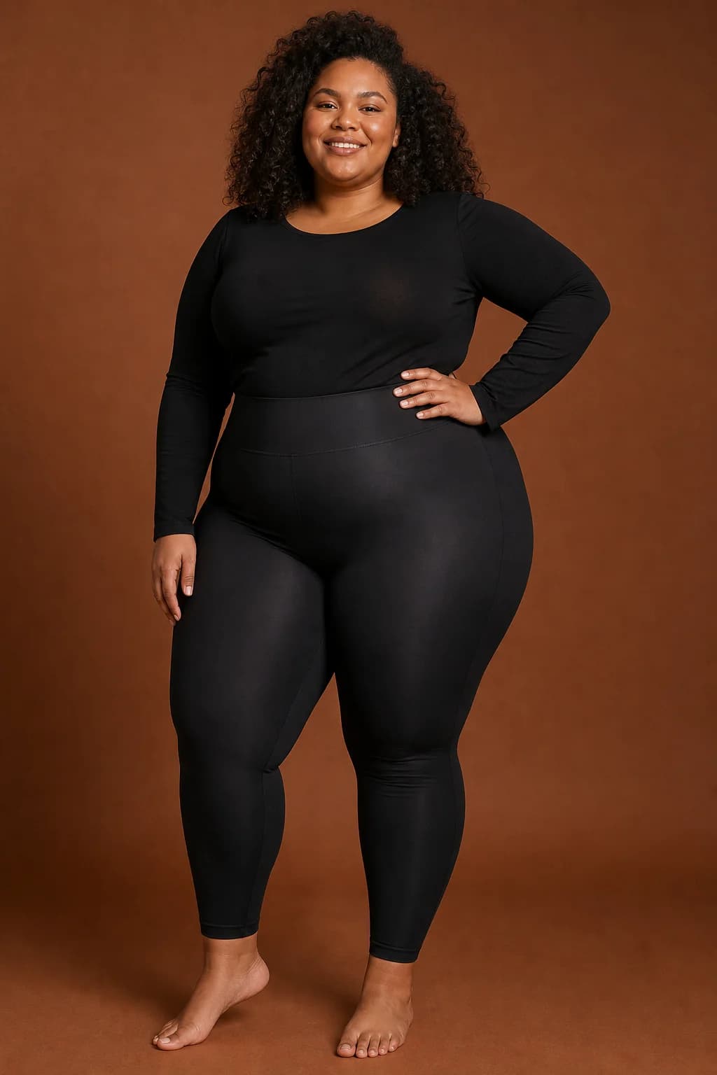 Plus size model wearing WoWearShape black shaping leggings in the studio