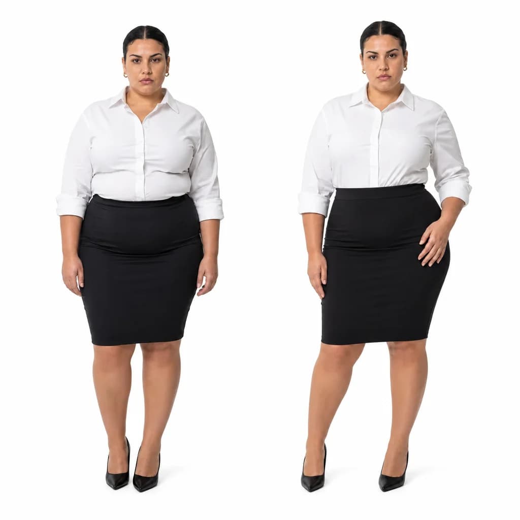 Pencil skirt & shirt before and after wearing WoWearShape