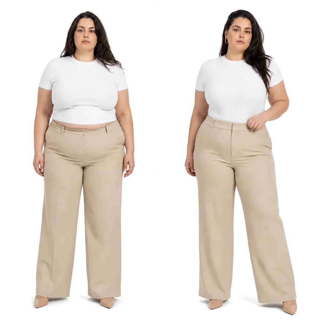 Tee & wide-leg trousers before and after wearing WoWearShape