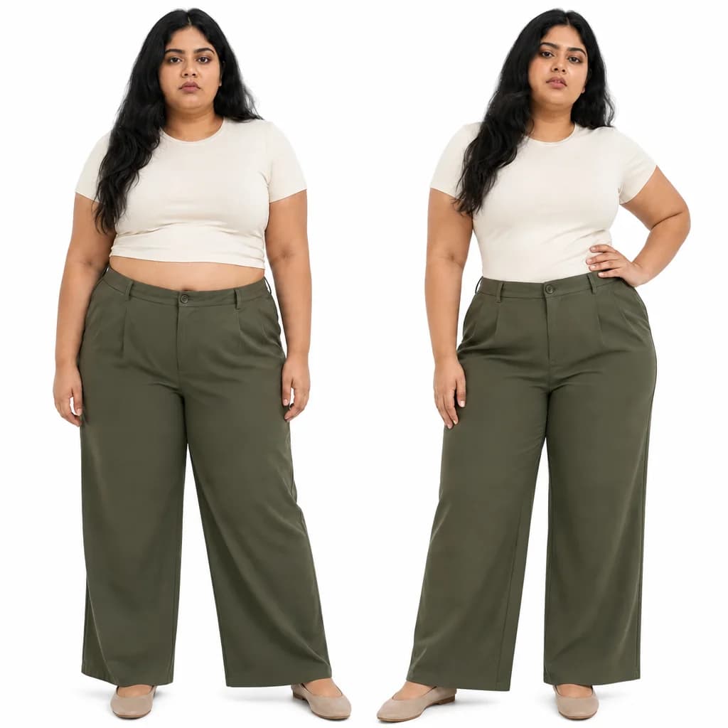 Tee & wide-leg chinos before and after wearing WoWearShape