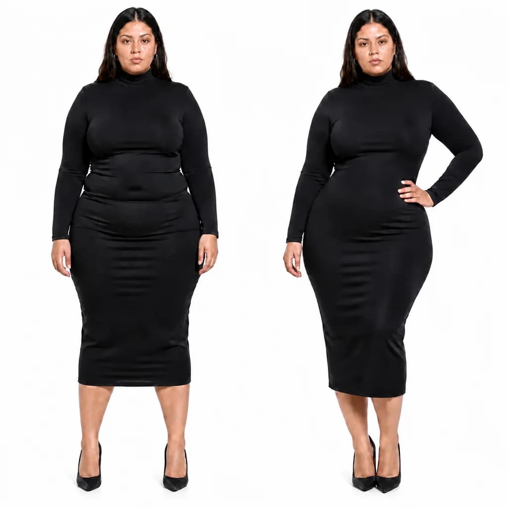 Long-sleeve midi dress before and after wearing WoWearShape