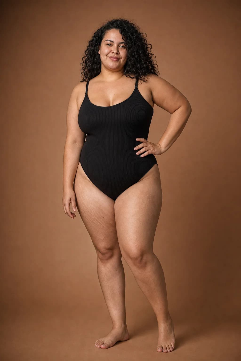 Plus size model wearing WoWearShape black shaping leggings in the studio