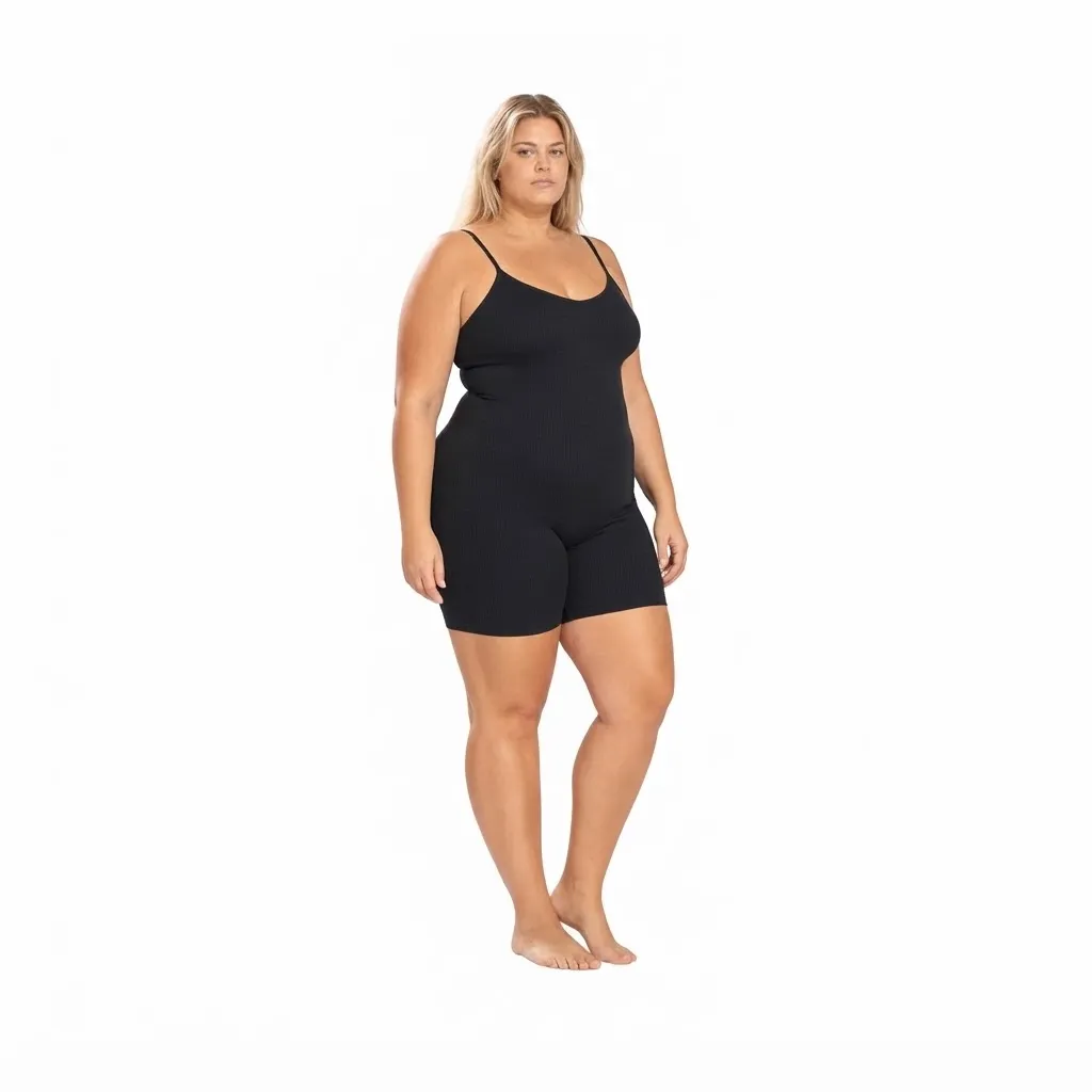 Plus size model wearing the WoWearShape Seamless Shaping Bodysuit with Shorts in the studio